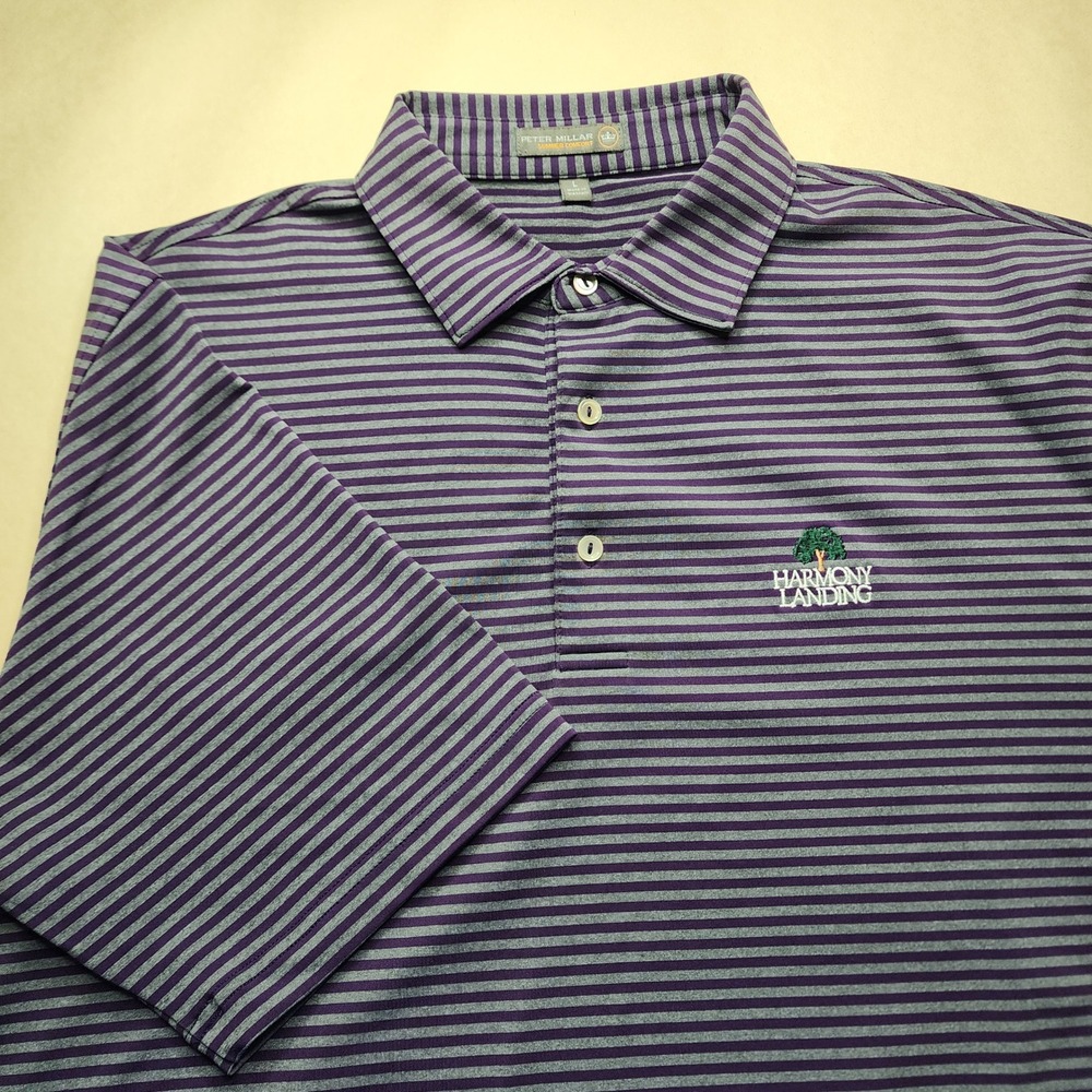 Peter Millar Summer Comfort Polo Shirt Mens Large Purple Grey Striped‎ Harmony L